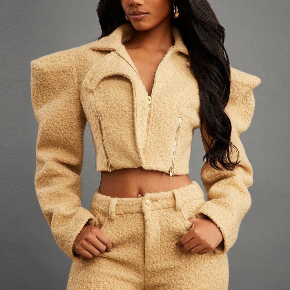 Yellow Casual Fitted Cropped Women's Fuzzy Amala Faux Fur Jacket